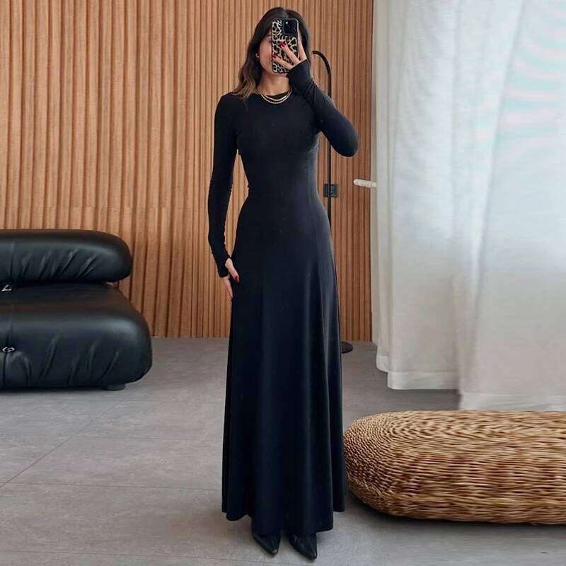 Elegant Retro Minimalist Round Neck Long Sleeve Dress Women High Waist Slim Fit Maxi A Line Skirt Vintage Chic Aesthetic Street XJ260225