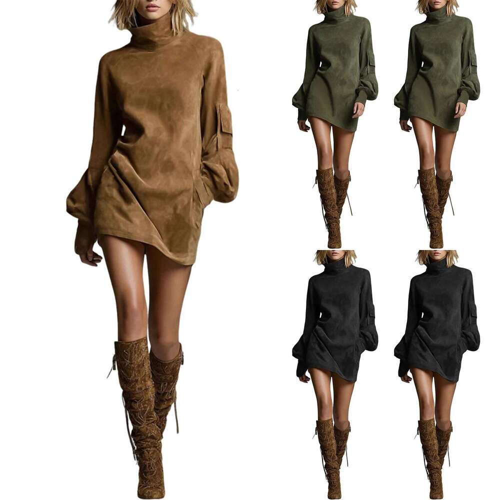 Autumn Retro Solid Suede Mini Short Dresses Sexy Turtleneck Slim Woman Pullover Dress Winter Long Sleeve Pockets Female Clothing XJ260225