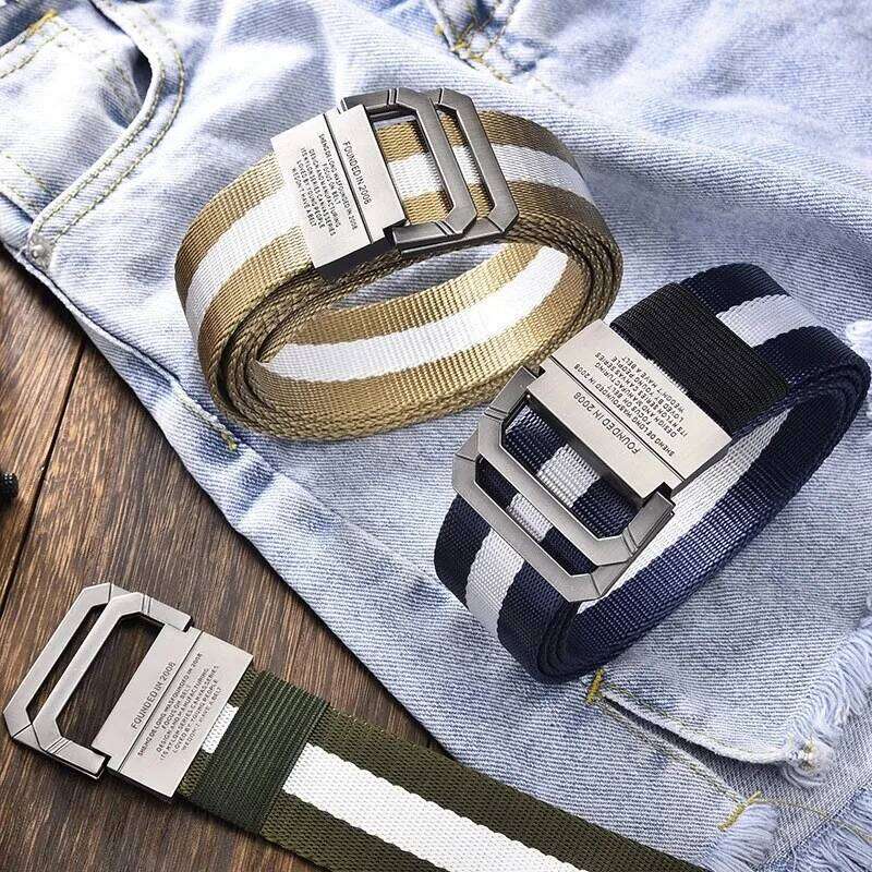 Men's Trend Double Loop Buckle Canvas Women's with Cargo Pants Jeans Outdoor Sports Belt No Perforated Belts Y260225