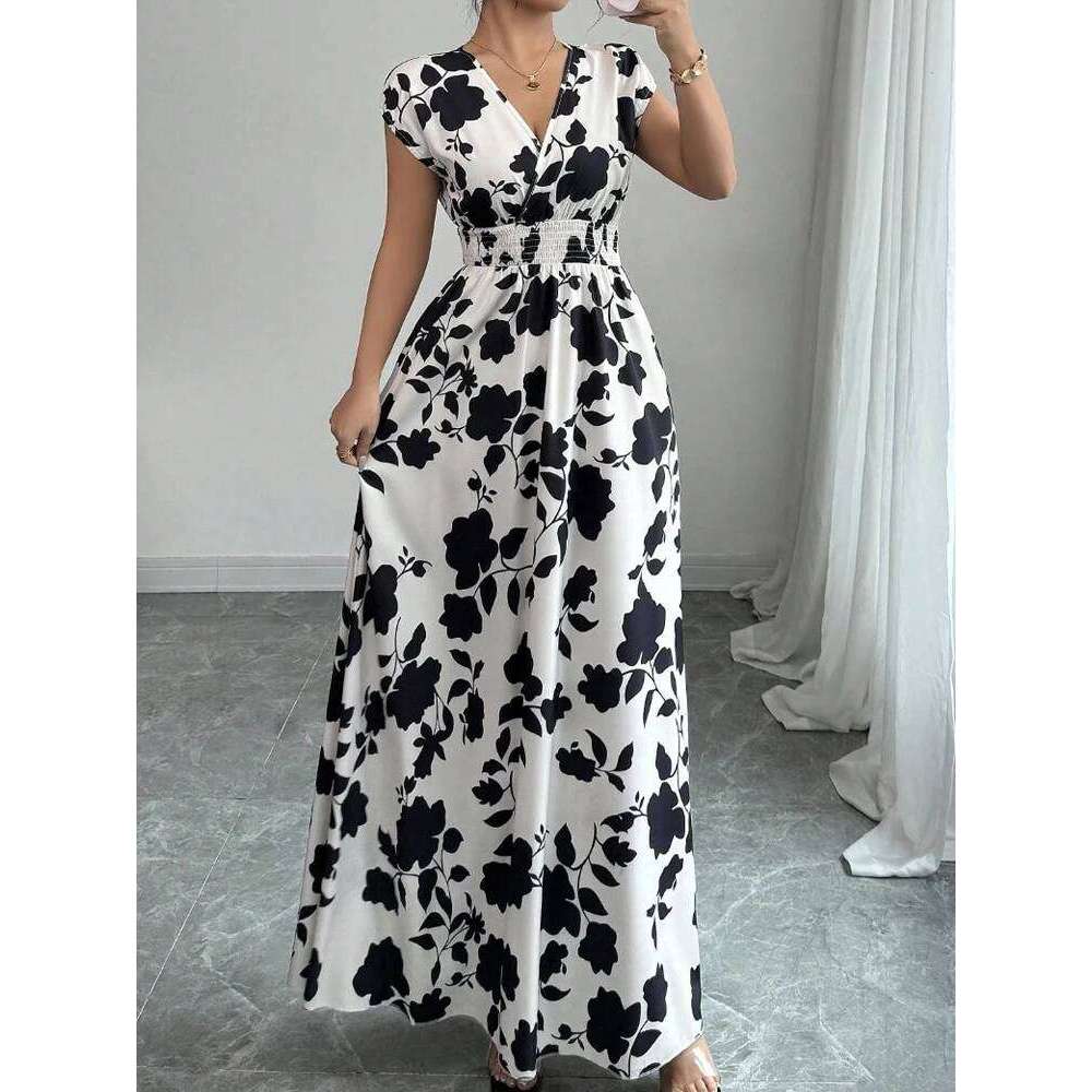New Summer Women's Printed Lace-up Maxi Dress,Short Sleeved Dresses,Casual Dresses,Floral Dresses,Elegant Dresses For Ladies XJ260225