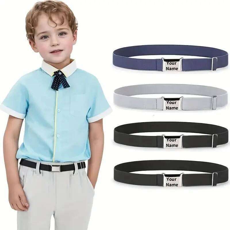 Customized Name Elastic Waist Belt Boys & Girls Solid Color Square Buckle Waistband Perfect for Casual Attire, Holiday Gifts Y260225