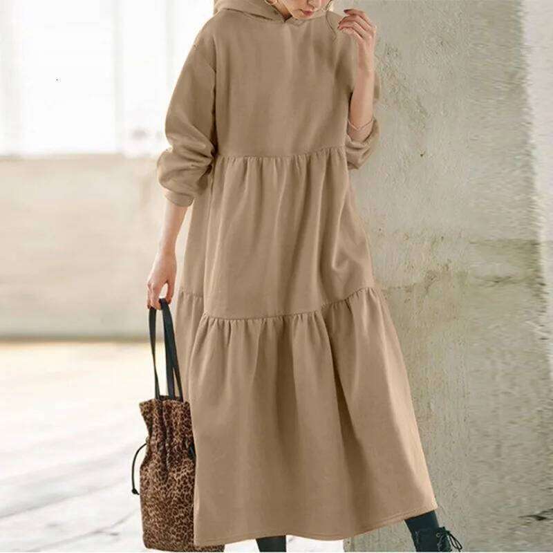 Women's European American Autumn Winter New Solid Color Minimalist Casual Versatile Hooded Sweatshirt Retro Loose Maxi Dress XJ260225