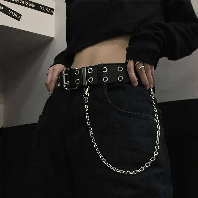 Belt female Korean ins spicy girl dark personality double-breasted metal chain decoration versatile punk men belt tide Y260225