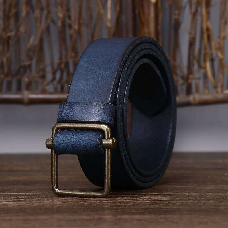 New men's non-perforated leather belt, smooth buckle, top layer of cowhide, retro simple and versatile denim belt Y260225