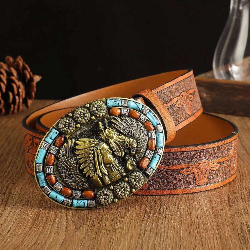 Bohemian turquoise vintage carved alloy plate buckle men's personalized belt; ethnic style versatile waist belt suitable f Y260225