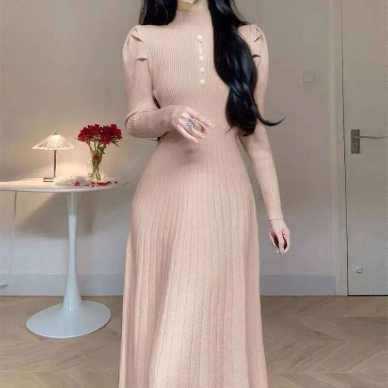 Solid Half High Collar Long Sleeve Jersey Dress Elegant Fashion Harajuku Slim Fit Female Clothes Casual Sweat All Match Dresses XJ260225