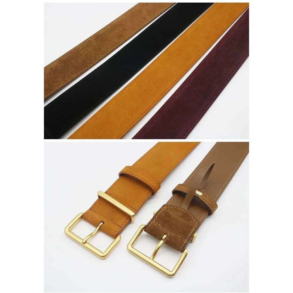 Trendy 45mm Wide Women Genuine Leather Classic Gold Buckle Skinny Waistband Vintage Suede Cowhide Belt for Dresses & Coat Y260225