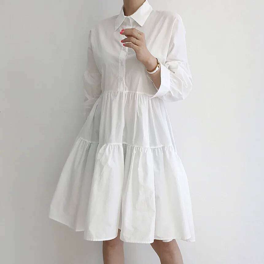 REALEFT Autumn Elegant Lantern Sleeve Women's A-line Shirts Dresses Turn-down Collar Buttons Casual Loose Umbrella Dress Female XJ260225