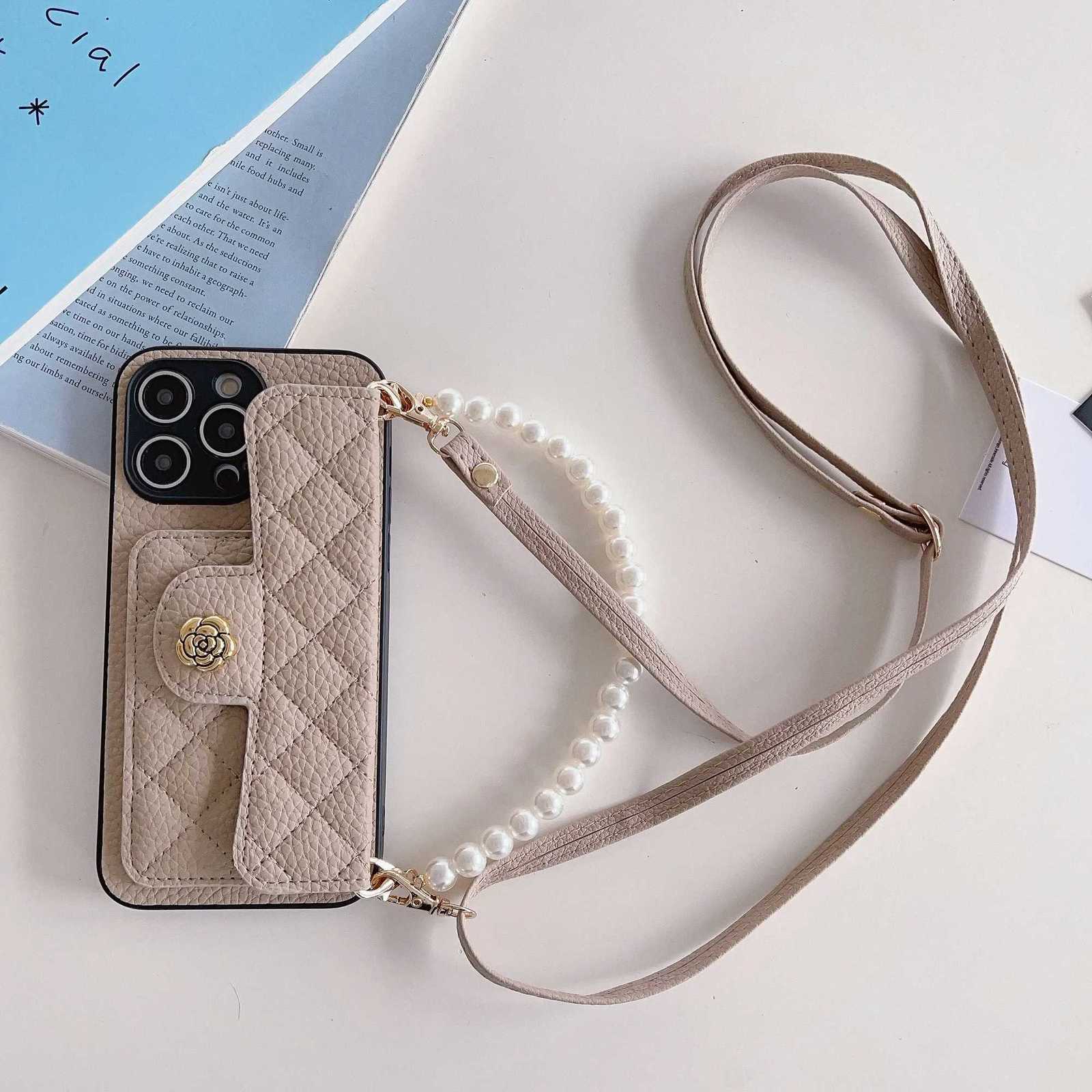 Pearl Chain Dual Strap Camellia Leather Phone Case | Card Holder Protective Cover for iPhone 14 15 16 17 Pro Max PlusT260225