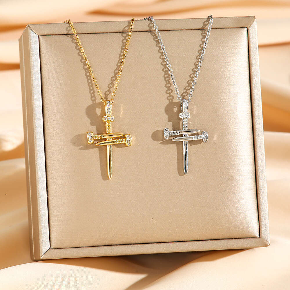 Micro Inlaid Diamond Stud Cross Titanium Steel Necklace for Women Trendy Collarbone Chair