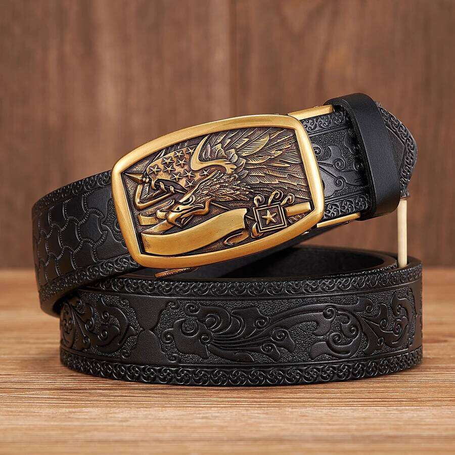 3.5cm New Eagle Pattern Split Quality Alloy Automatic Buckle Wasitbad Strap Genuine Leather Gift Belt Men Y260225