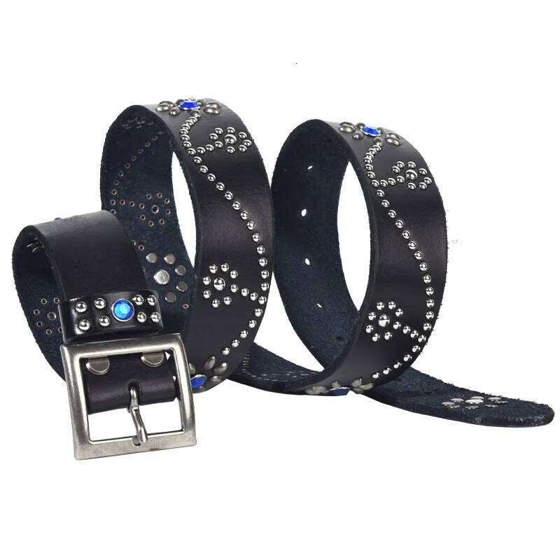Men High Quality Pure Cowhide Belt Genuine Leather Strap Male Luxury Pin Buckle Diamond-studded Rivets Jeans Belts for Women Y260225