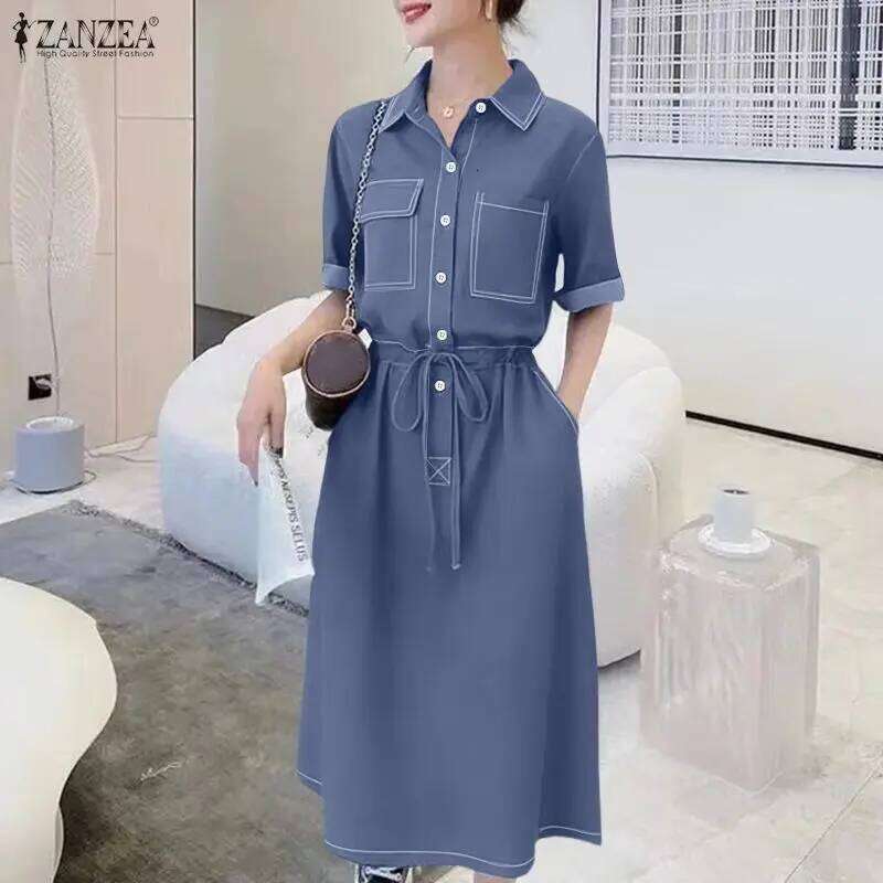 Fashion Contrast-Stitch Long Dresses Women's Turn-Down Collar Short Sleeve Half Buttons Cinch-Waist Shirt Dress ZANZEA Woman XJ260225