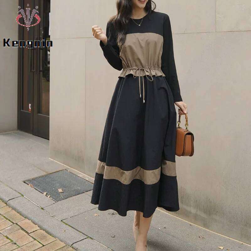 Korean Style Plus Size 4XL Women's Dresses Autumn Winter Long Sleeve O-Neck Lady Vestidos Fake Two Piece Female Robe KE3683 XJ260225