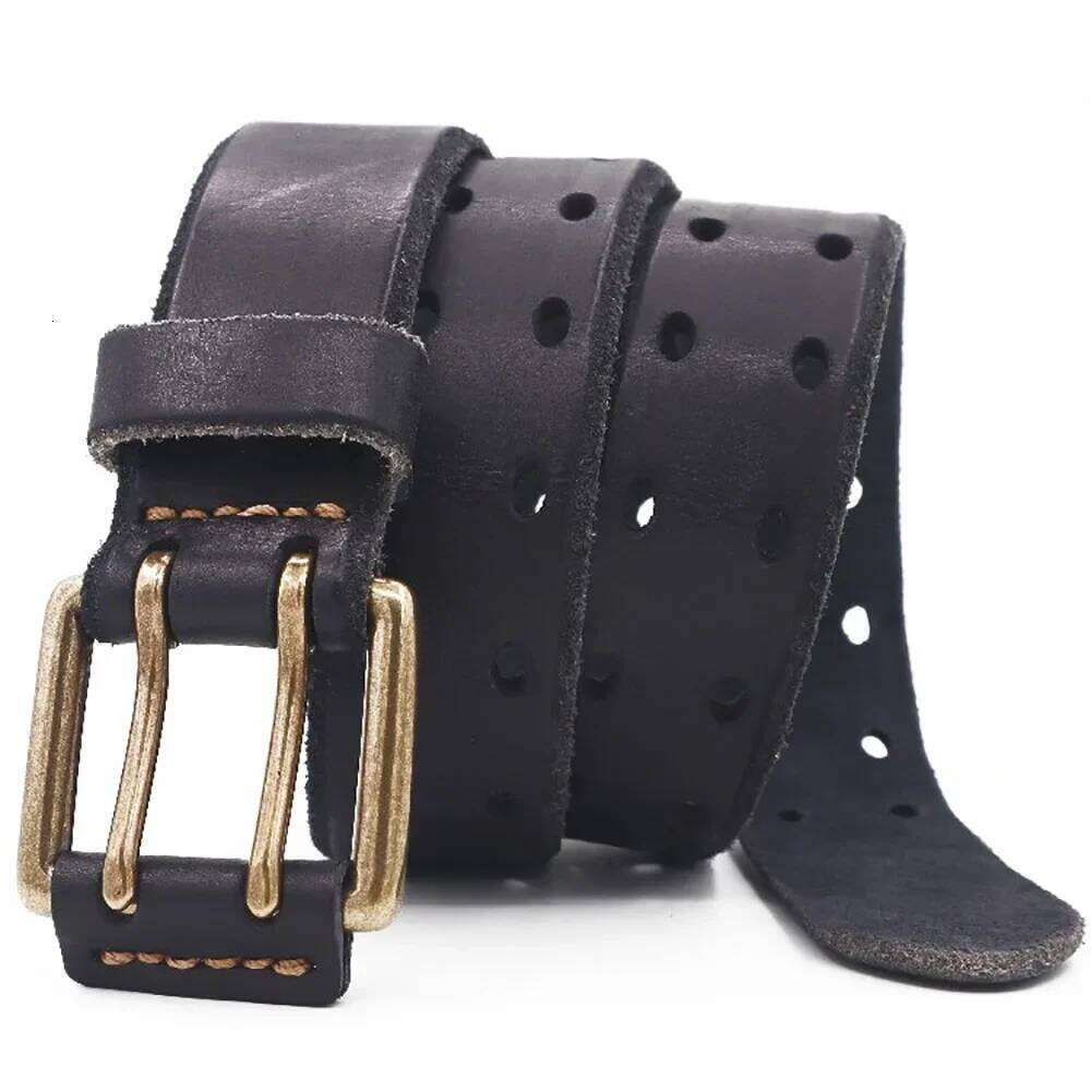 Retro Style Hollow Out Italian Genuine Leather Men's Double Pin Brass Buckle Belt 38MM Width Y260225