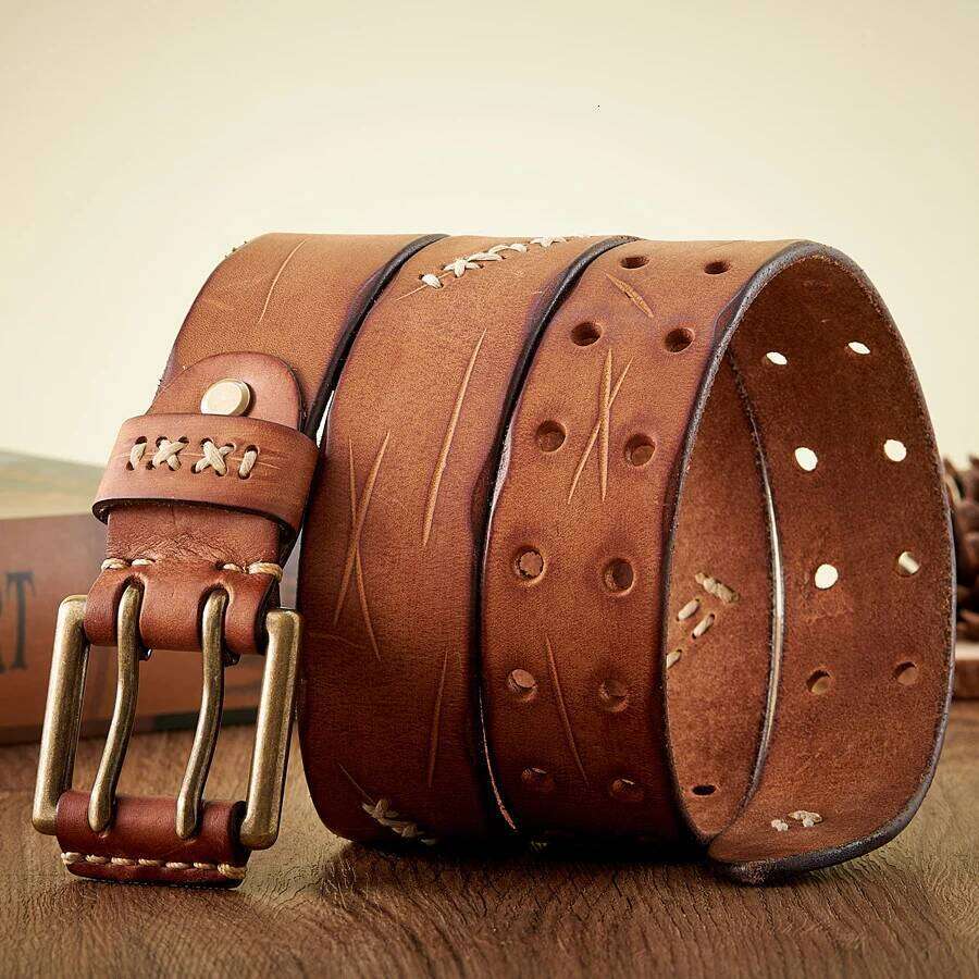3.8CM Real Genuine Leather Luxury Designer Brass Double Pin Buckle Belts Pure Cowskin Vintage Strap Male Jeans Belt for Men Y260225