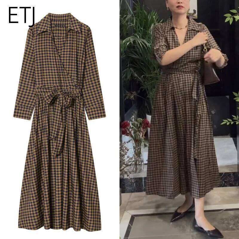 ETJ couture spring new plaid shirt style dress Elegant type restoring ancient ways is A word version long sleeve skirt belt XJ260225