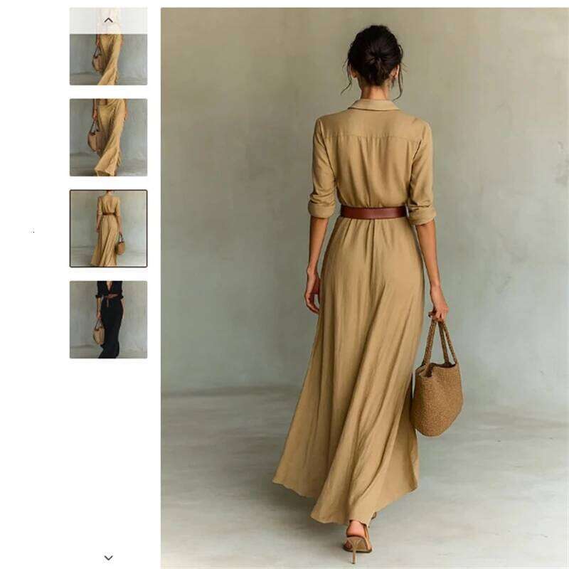 Long Sleeve Lapel Shirt Dress High Waist Belted Single Breasted Maxi Casual Elegant Office Commute Workwear For Women Chic Gift XJ260225