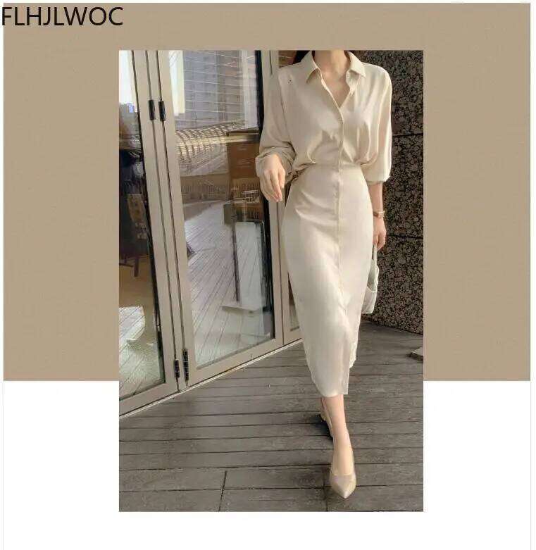 2024 Chic Korea Fashion Clothes Fenimine Vestidos Women Elegant Office Lady Vintage Single Breasted Button Solid Shirt Dress XJ260225
