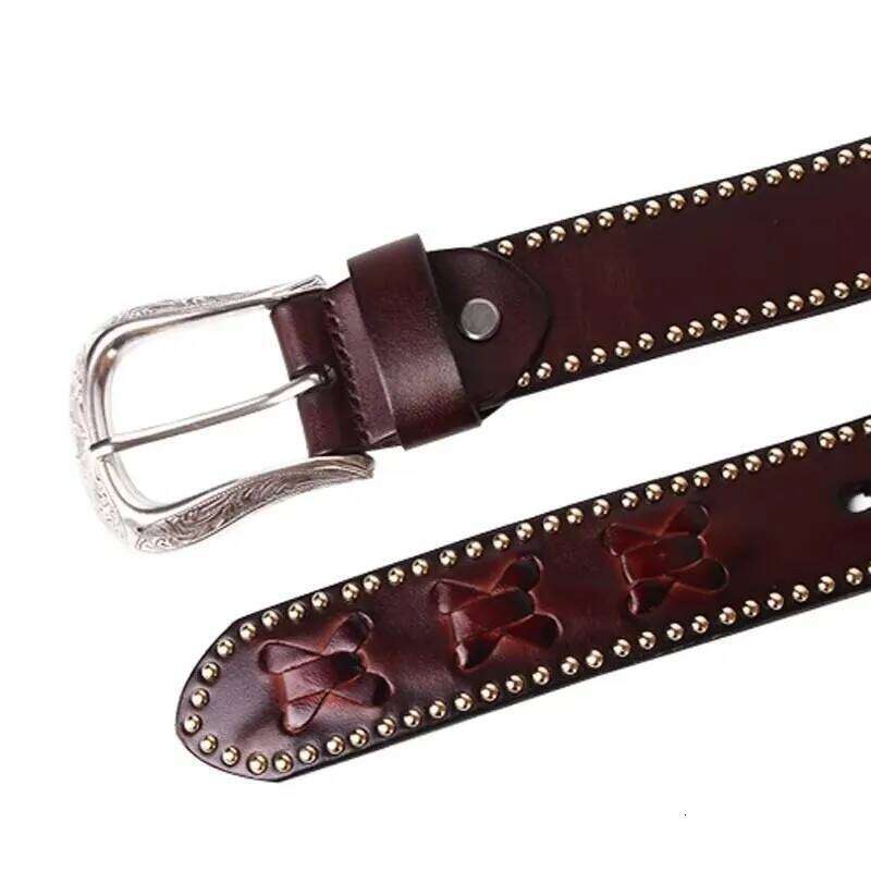 3.8CM Metal Rivet Luxury Designers Men Punk Cowskin Genuine Leather Belt Male Rock Hip Hop Strap Waist Y260225