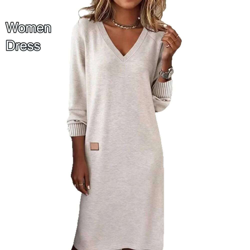 Women Daily Life Lady V Neck Long Sleeve Solid Color Casual Style Female Leisure Loose Fitting Elastic Cozy Dress XJ260225