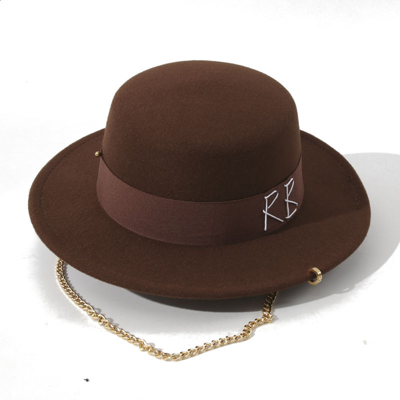 French Style Fedora Hat for Women 10CM Wide Brim Flat Top Felt Hat Fashion Metal Chain Derby Wedding Jazz Hats 250912