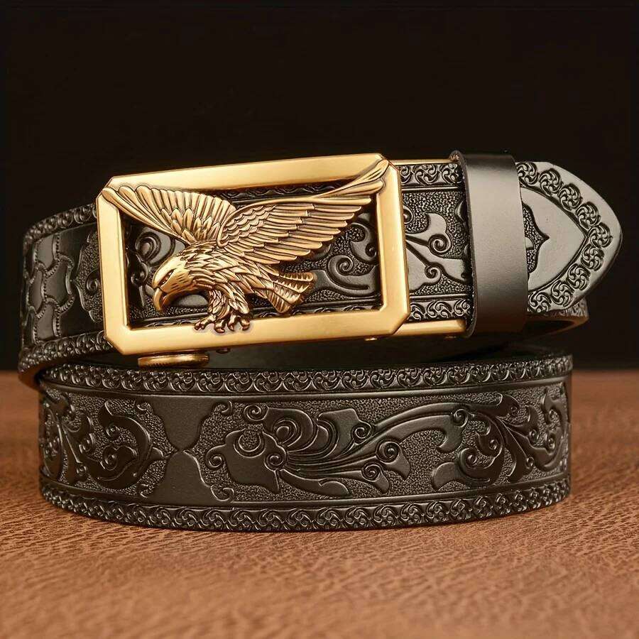 Men's Business Vintage Automatic Buckle Belt - Genuine Leather with Eagle & Floral Carvings, Perfect Gift for Husband or Father Y260225