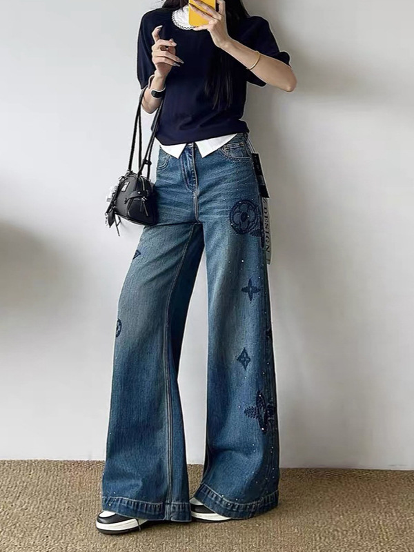 Women's Jeans Spring Autumn Rhinestone-Embellished Straight Leg Slim-Fit Versatile High-End Wide-Leg Jeans