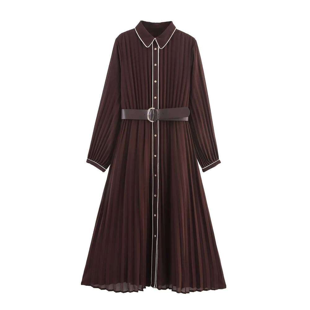 Pleated Effect Elegant With Belt Sleeve Midi For Women Solid Long Dress Temperament New Women's Dresses XJ260225