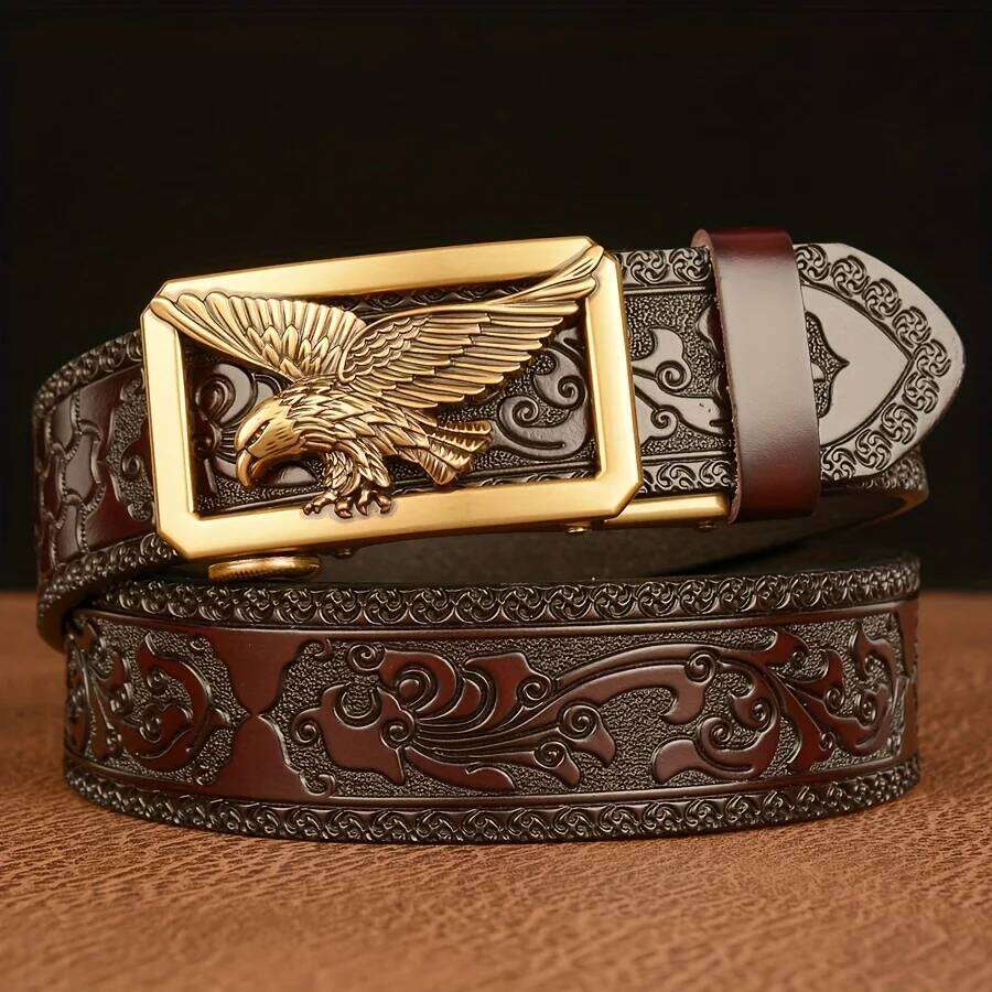 Men's Business Vintage Automatic Buckle Belt - Genuine Leather with Eagle & Floral Carvings, Perfect Gift for Husband or Father Y260225