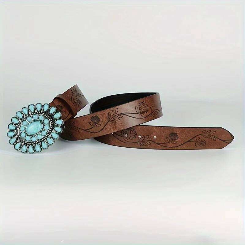 Ladies wear the classic Western belt, brown embossed PU leather, bohemian style oval turquoise buckle belt Y260225
