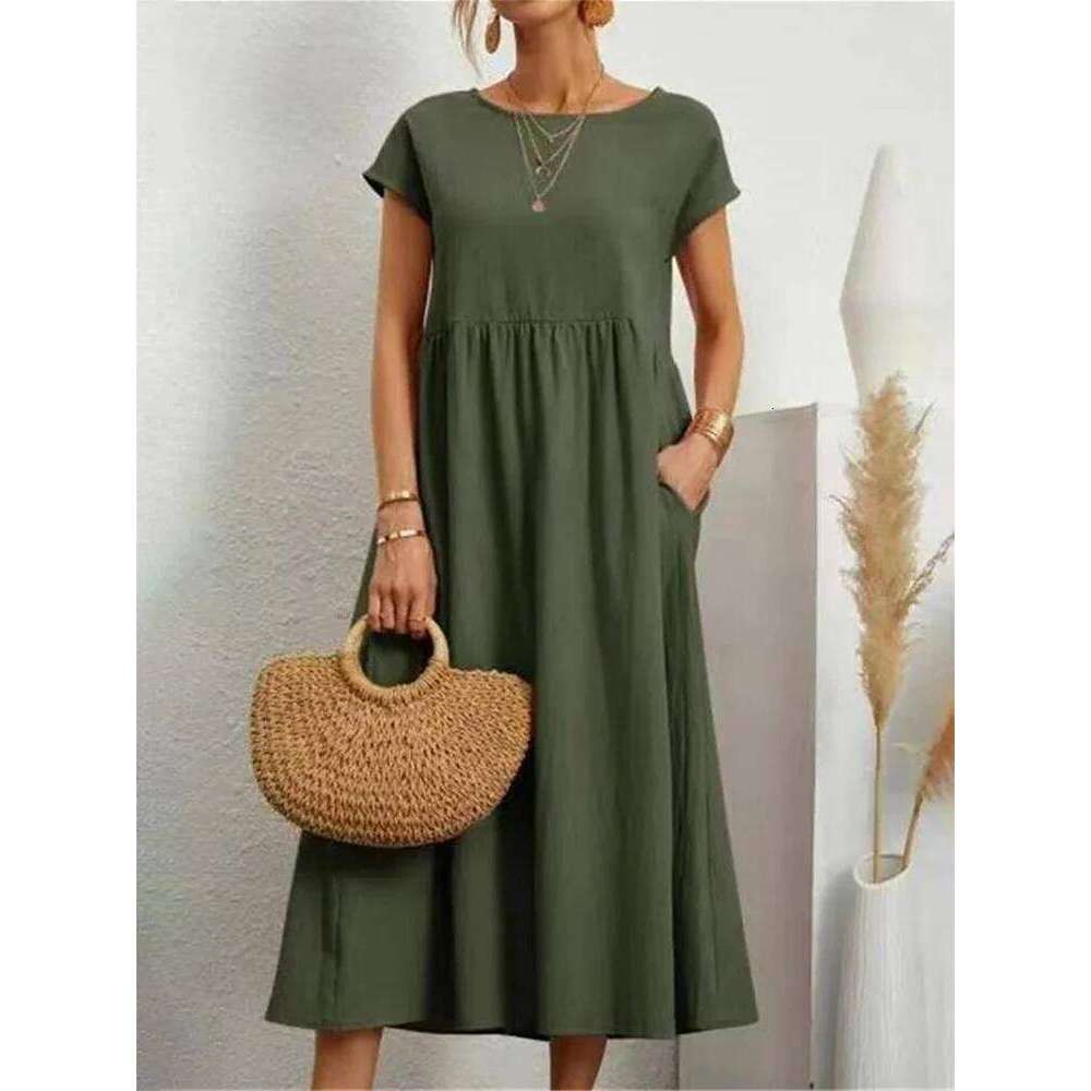 Vintage Solid Midi Casual Short Sleeve Cotton and Linen Harajuku Oversized Long Dress Women Summer Y2K Maxi Sundress XJ260225