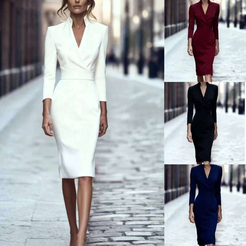Sexy V Neck High Waisted Commuting Midi Simple Solid Color Long Sleeved A-line New Women Elegant Autumn Party Dress XJ260225