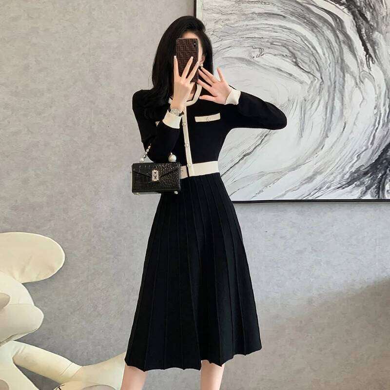 2026 New Autumn Winter O-neck sleeved knitted Pockets single breasted high waisted A-line long sweater Dress XJ260225