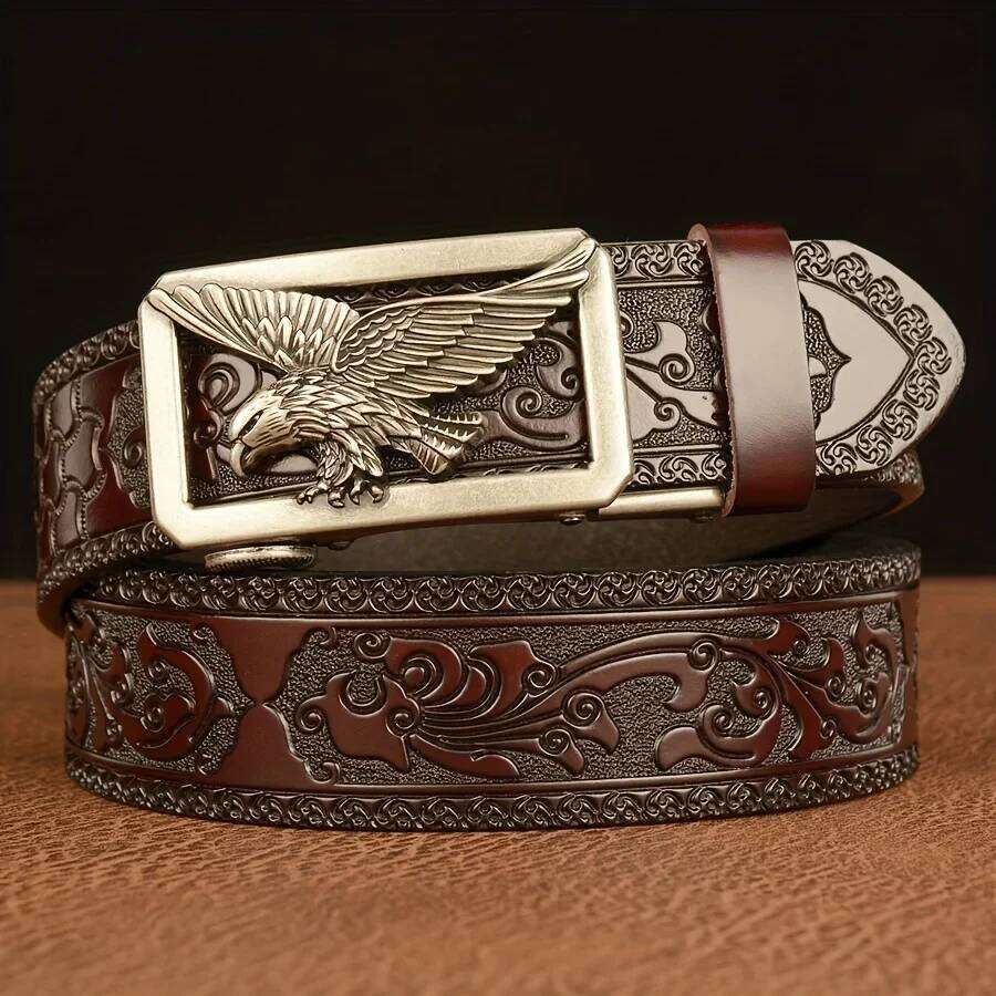 Men's Business Vintage Automatic Buckle Belt - Genuine Leather with Eagle & Floral Carvings, Perfect Gift for Husband or Father Y260225