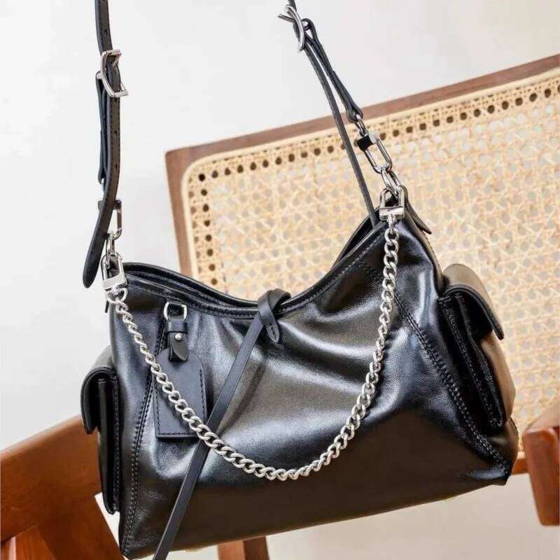 Black Tied Chain Tote Women Leather Large Capacity Stitching Shoulder Ladies Retro Sle Commute Casual Crossbody Bag 2025 H260225