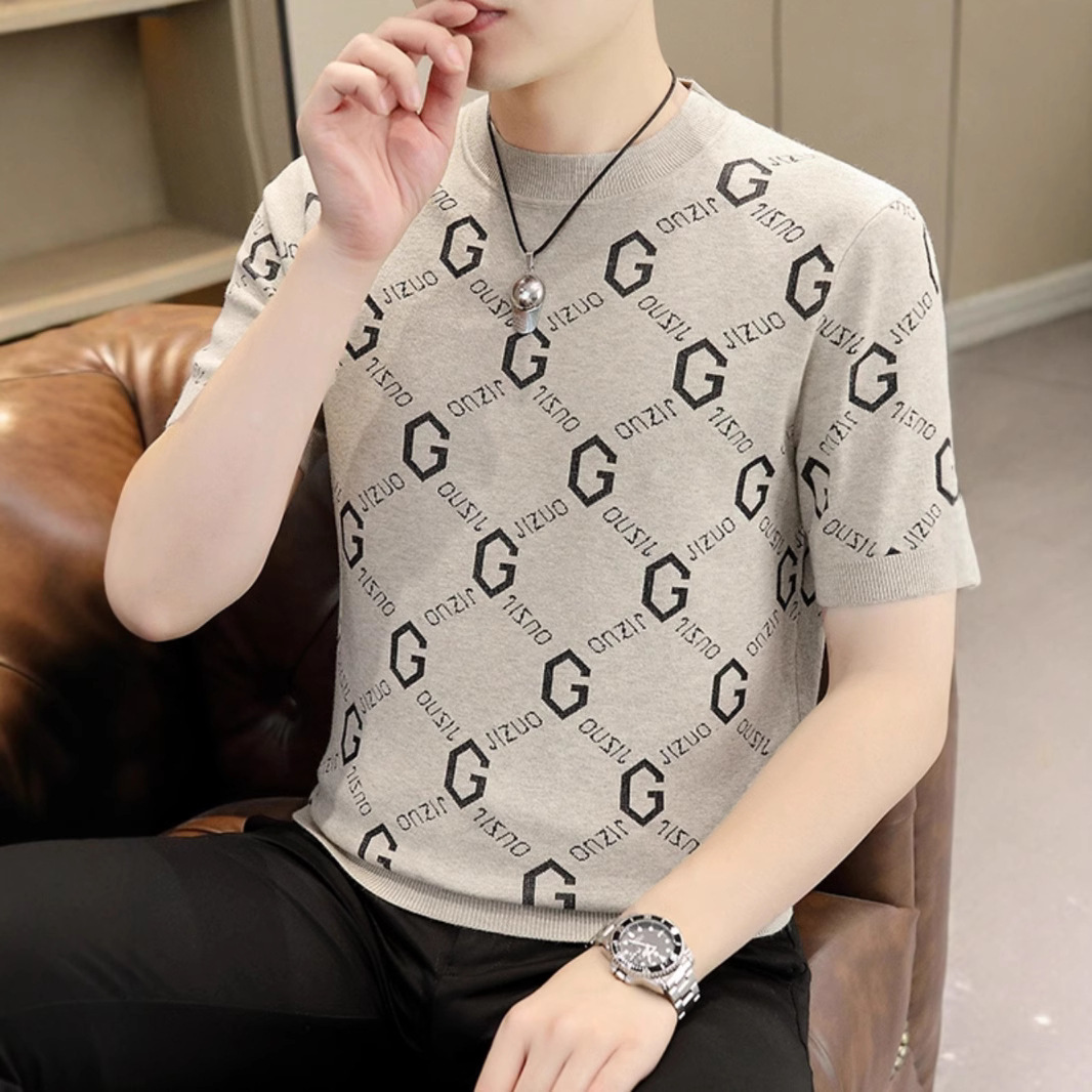 Luxury Luxury Designer Clothes Mens Short-Sleeved Knit Sweater Spring And Autumn Trendy Slim-Fit Round-Neck Half-Sleeve Base Shirt Casual Versatile Wa