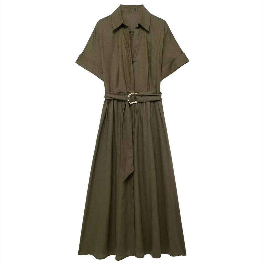 2024ZAR Summer New Women's Wear European and American Fashionable Minority Linen Blended Midi Shirt Style Dress XJ260225