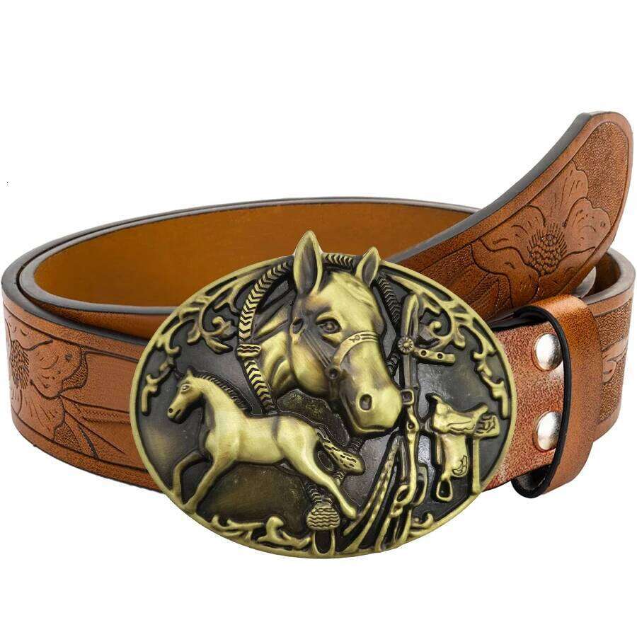 1pc men's western-style belt, paired two horses, patterned bottom cover with big cow head, carved floral patterns and long Y260225