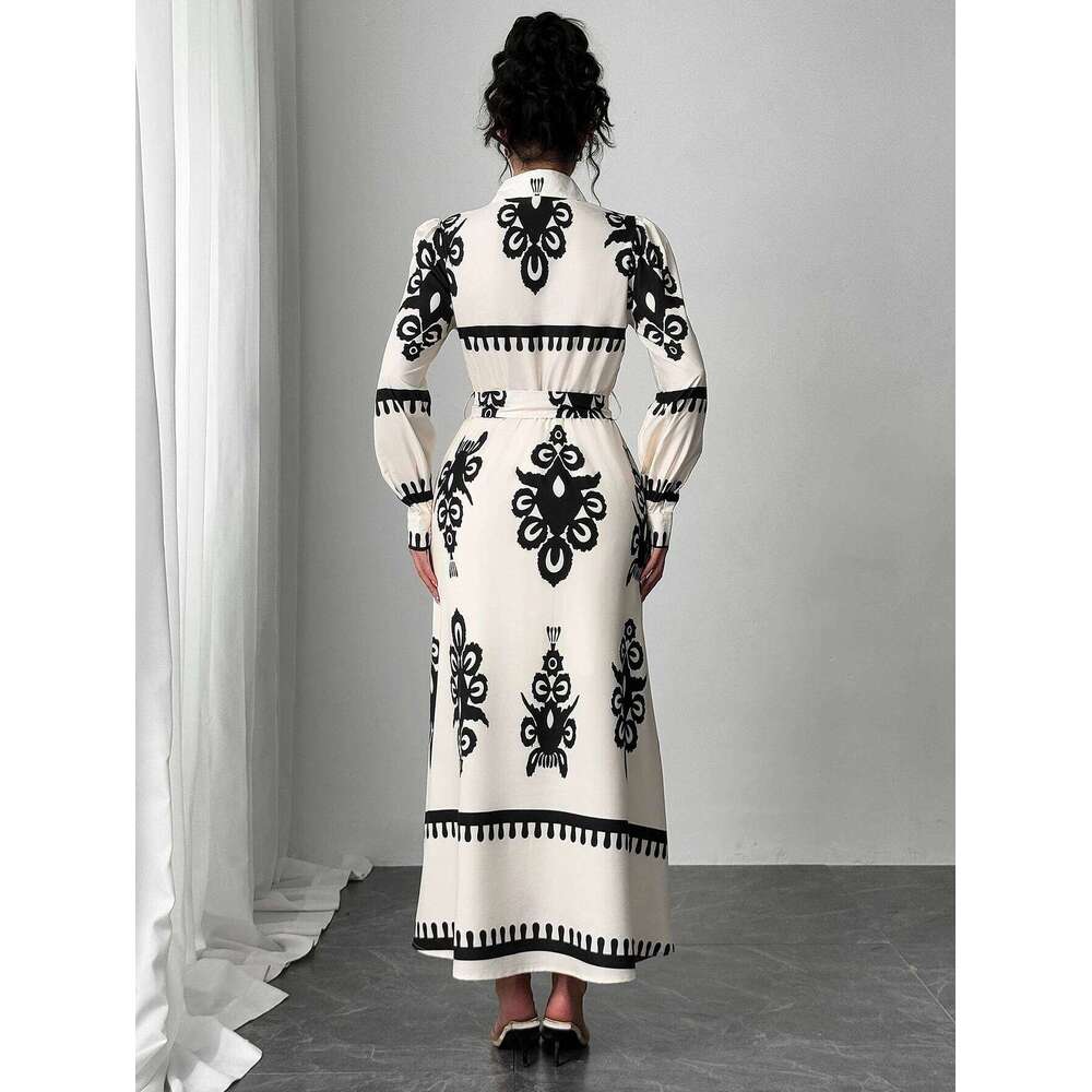 Women's Spring Summer White Black Dresses Retro Ethnic Print Shirt Collar Long Sleeve Tie Waist Midi Dress Elegant Casual Style XJ260225
