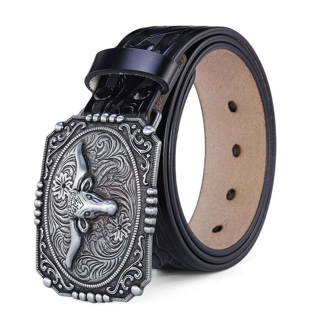 Big Bull Buckle Western Belt for Men High Quality Cowboy Faux Leather Waist Male Belts Floral Engraved Jeans Street Punk 3.8cm Y260225