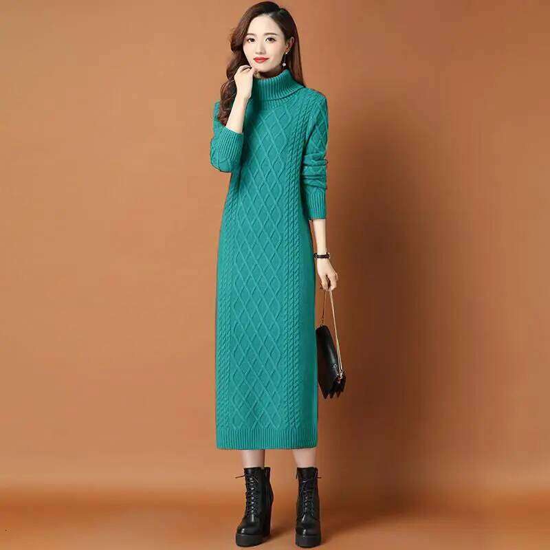 Female High Neck Long Sweater Women Thickened Autumn Winter 2024 New Loose Outer Wear Twist Base Femme Knit Dress Elegant XJ260225