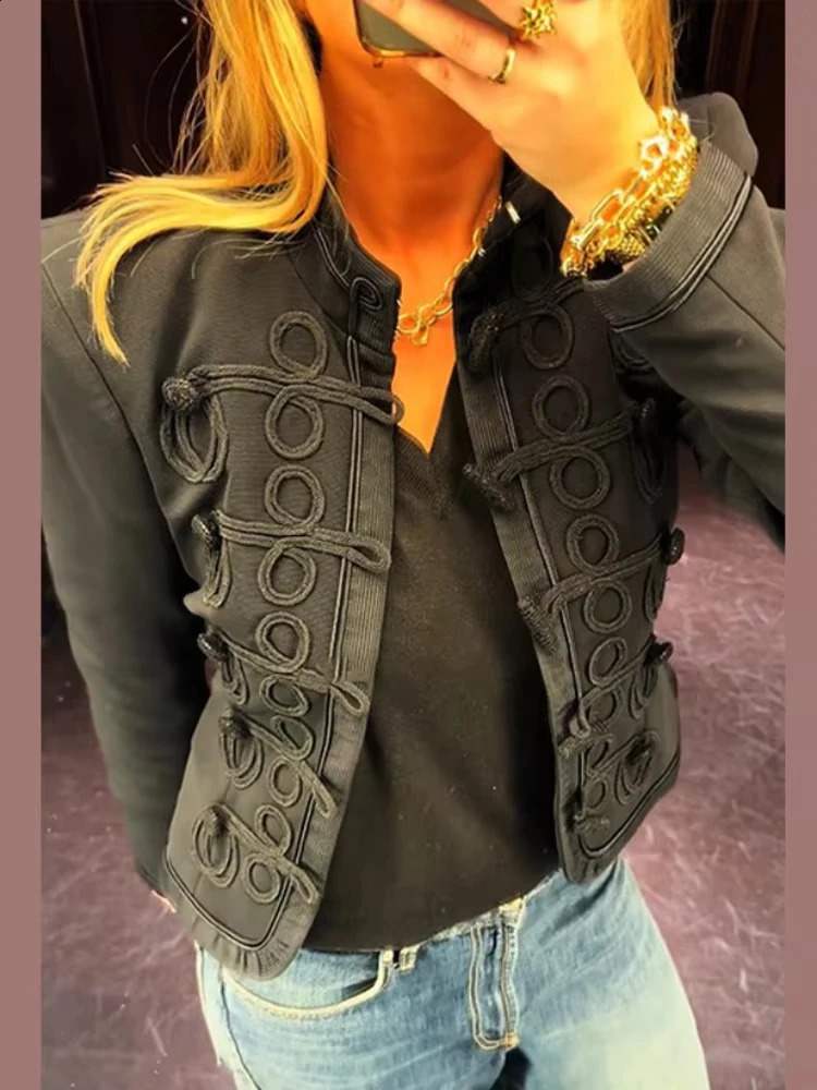 Women Knit Patchwork Napoleon Military Jacket Shoulder Pad Chic Single Breasted Short Blazer Long Sleeve Loose 2026 Spring Coat 260124