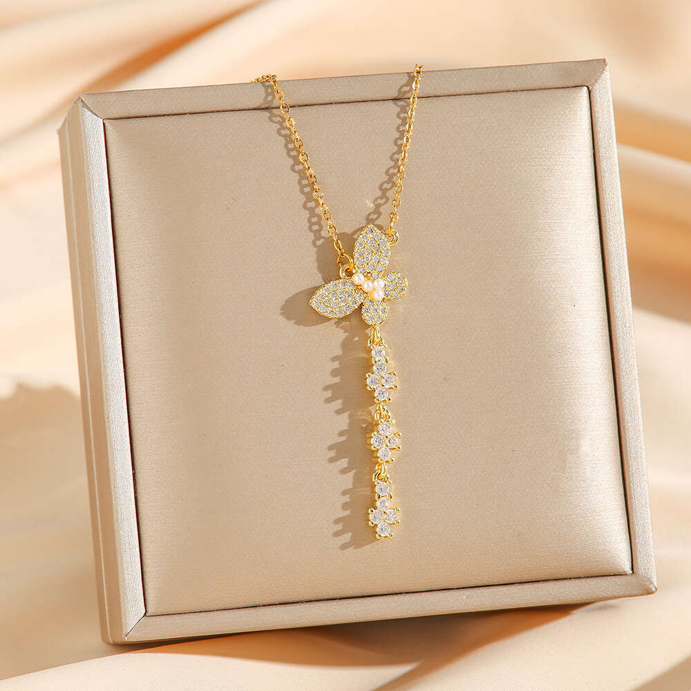 Micro-Inlaid Zircon Butterfly Shell Pearl Tassel Titanium Steel Necklace for Women Light Luxury Niche Design Clavicle Chain