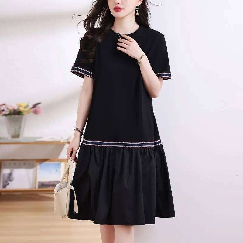 Basic Casual Loose Dresses Stylish Bright Line Decoration Summer Short Sleeve Female Clothing A-Line Korean Spliced Midi Dress XJ260225