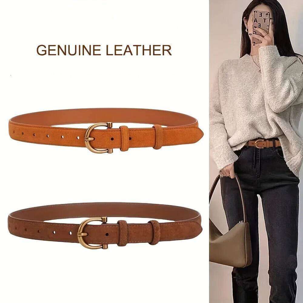Suede Genuine Leather Belt Women Brown Skinny Waistband Gold Buckle Belts for Casual Jeans and Pants Y260225