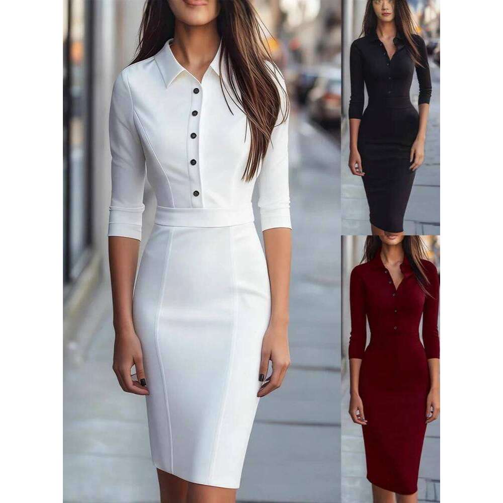Autumn Elegant Simple Commuting Midi Fashion Lapel Button Solid Party Spring Women Casual Long Sleve Wrap Hip Dress XJ260225