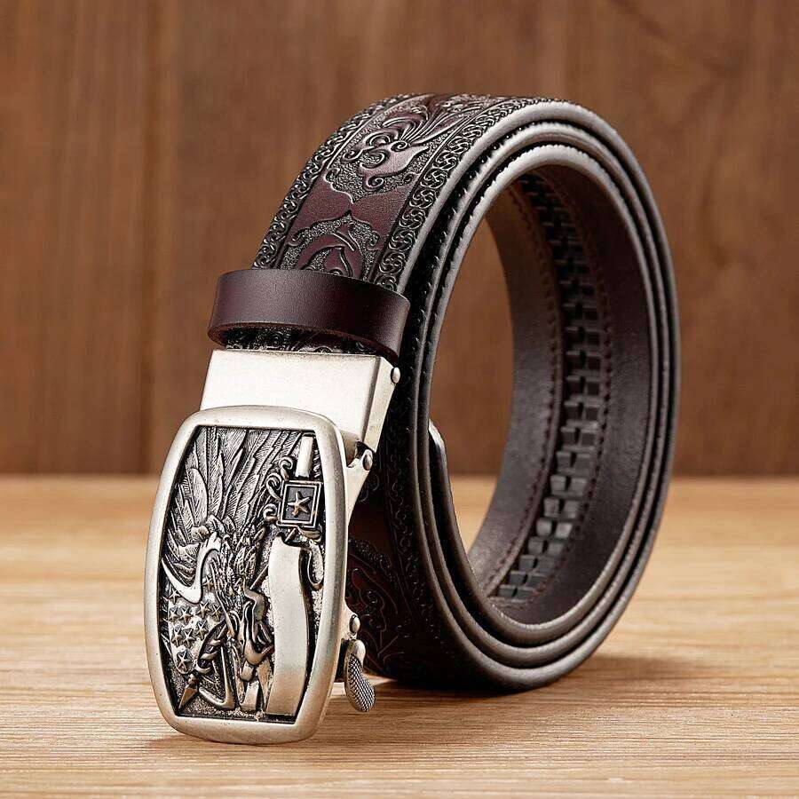 3.5cm New Eagle Pattern Split Quality Alloy Automatic Buckle Wasitbad Strap Genuine Leather Gift Belt Men Y260225