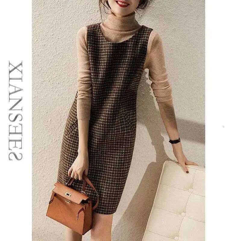 Thousand Bird Grid Round Neck Sleeveless Dress Women's 2024 Spring and Autumn New High-end Mid to Long Woolen Vest Skirt XJ260225