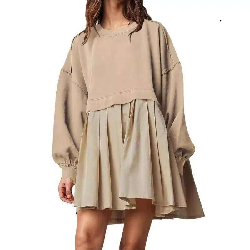 2024 Autumn Women's Sweatshirt Patchwork O-Neck Long Sleeve Oversize Loose Mini Casual Fashion Trendy Pleated Dress XJ260225